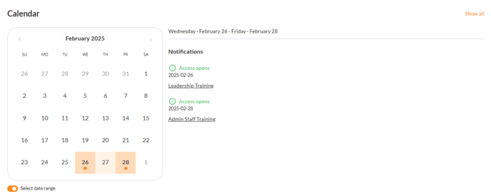 An example illustration of the "Calendar Integration" Feature of My Learning.
