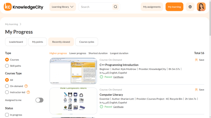 An example illustration of the "Recently Viewed" tab of My Learning.